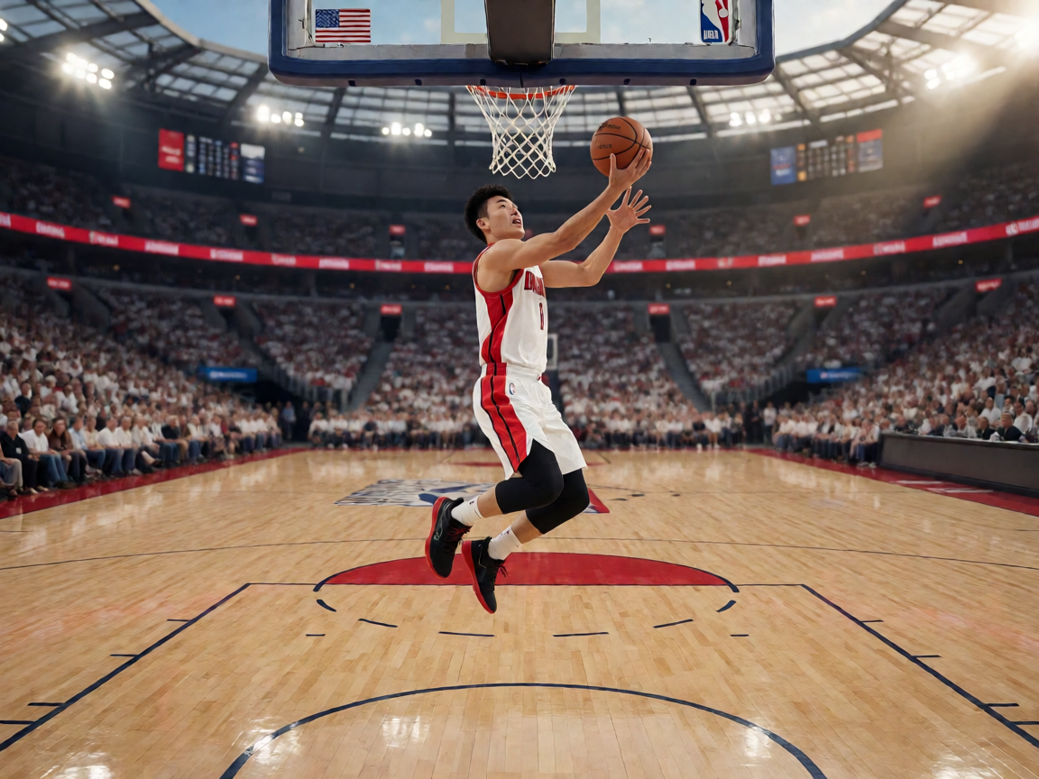 NBA比赛激烈对抗场景，球员在空中完成上篮